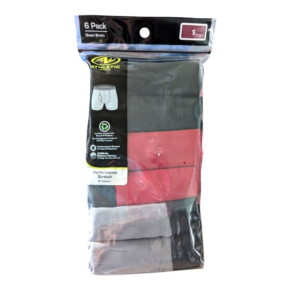 Athletic Works Mens Small 6 Pk Performance Cotton 6” Inseam Boxer Briefs New